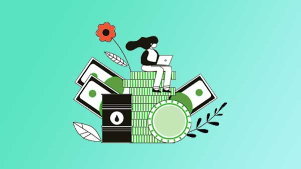 Woman sitting on a pile of money using a laptop