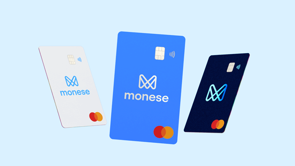 Monese cards, pearly white, bright blue and midnight