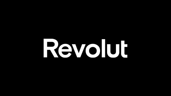 Revolut logo. White text reading Revolut with black background.