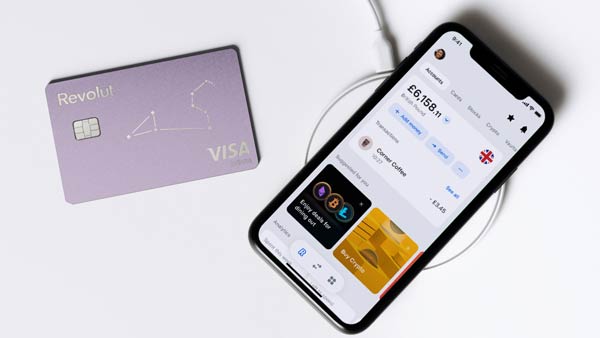 Revolut mobile app and personalised lilac metal card