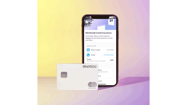 Monzo silver metal card and travel insurance in app
