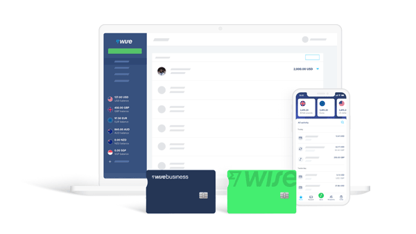 Wise Visa debit cards and sleek and clean user interface for mobile and desktop