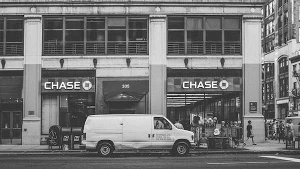 Black and white picture of a Chase bank branch