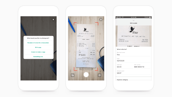 three mobile screens showing steps of capturing receipts - ANNA business account review
