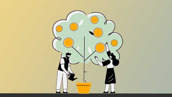 Two people harvesting gold coins from a tree